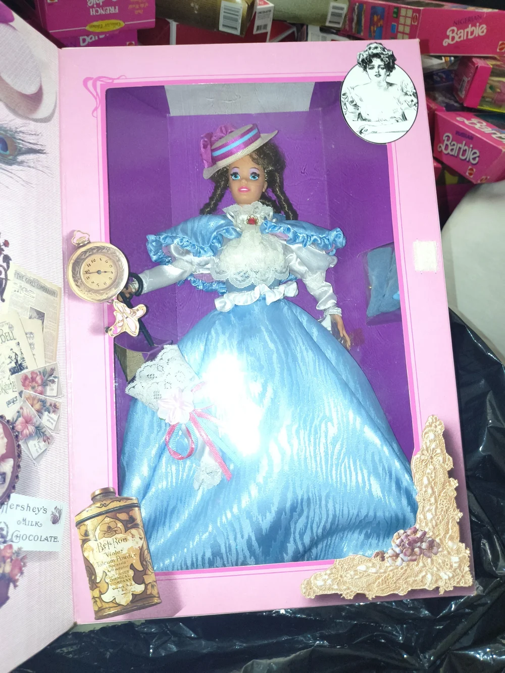 Mattel Blue Gibson Girl Barbie Style Doll in Pink Display Box